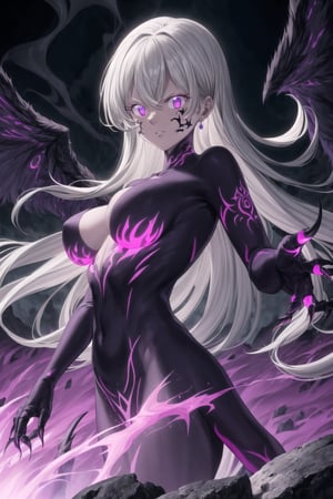 (tattoo,facial mark,aura,glowing,bodypaint,smoke,dark aura:1.2),1girl,long hair,medium breasts,black hair,angry,purple eyes,wings,claws,looking at viewer,nude,censored,armor,convenient censoring,Elizabeth, black hair, lips, ruler of hell, stands as a malevolent dictator, her long hair flowing like darkness itself, gradient from white to dark, framing her cold gaze. Her elaborate gown, adorned with sinister symbols and glowing red accents, reflects her dominance and cruelty. The background features a hellish landscape: rivers of lava, jagged rocks, tormented souls, and dark clouds with lightning. Eerie, red and black glows illuminate the scene, capturing the dark and oppressive atmosphere of her dominion.