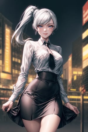 ((best quality)), ((highly detailed)), masterpiece, ((official art)),weiss schnee, side ponytail, scar across eye,white hair,outdoors,city,(glowing eyes),(floating hair),(high-waist skirt:1.2),(black skirt:1.2),(black necktie:1.1),(seductive smile),(closed mouth),(lips:1.2),jewelry, wristwatch, skirt, solo, (cowboy shot:1.2),standing, pencil skirt,  belt, (earrings:1.1), collared shirt, ,office lady,(formal:1.1), shirt tucked in, (skirt suit),black pantyhose, dress shirt, intricately detailed, hyperdetailed, blurry background,depth of field, best quality, masterpiece, intricate details, tonemapping, sharp focus, hyper detailed, trending on Artstation,1 girl, high res, official art,beautiful detailed eyes