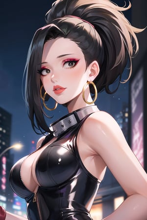 yaoyorozu momo, 1girl, black eyes, black hair, ponytail, long hair, hair pulled back, ,lips, boku no hero academia,  (((hoop earrings,makeup,black bodysuit, unzipped,,latex))),  skin tight, outdoors, city, night, edge lighting,