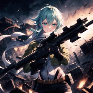 Highly detailed anime illustration of Sinon in the midst of a desolate battlefield, her blue hair whipping in the wind as she fires her sniper rifle with deadly precision. Her sharp aqua eyes, partially obscured by strands of hair, gleam with a twisted joy, and a sadistic smile spreads across her face, reflecting her dark pleasure in the chaos of combat.

sinon1 is dressed in her signature combat outfit: a green cropped jacket open at the front, revealing a white scarf that flutters as she moves. Her black shorts and fingerless gloves are practical for the fight, while her sniper rifle is held firmly, aimed with unwavering focus. The rifle's muzzle flashes brightly, illuminating the battlefield in sharp, cold light.

The surrounding environment is bleak and war-torn, with crumbling structures and a cloudy, dark sky overhead, adding to the tension and intensity of the scene. The ground is littered with debris, evidence of the ongoing conflict. Shadows and light play across her form, emphasizing her role as a hunter in this grim setting.

Despite the devastation around her, Sinon’s sadistic smile and the gleam in her eyes make it clear she relishes the battle, her laughter echoing amidst the destruction. Every shot she takes is precise, her enjoyment of the fight apparent in every detail of her expression and posture.

Key Details:

The sniper rifle is depicted in high detail, with visible muzzle flash and recoil captured mid-shot.
Sinon's expression is the focal point, her sadistic smile and bright, crazed eyes adding a layer of psychological depth.
The battlefield is grim, with dark, moody lighting that contrasts with the bright flashes of gunfire.
Her pose is dynamic, with the rifle held steady as she fires, her body language exuding confidence and delight in the violence.
The overall atmosphere is dark and intense, highlighting Sinon's enjoyment of the chaos and her role as a formidable sniper in the heat of battle.