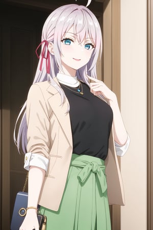  (best quality), (highly detailed), masterpiece, (official art), 1girl, solo, alya, long hair, grey hair, blue eyes, hair between eyes, hair ribbon, red ribbon, ahoge , smile, pose, jewelry, long sleeves, open clothes, necklace, bag, green skirt, brown jacket, handbag, sweatdrop, sweater, open jacket, turtleneck, pendant, brown jacket, shopping