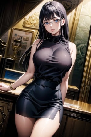 ((best quality)),  ((highly detailed)),  masterpiece,  ((official art)), (lolopechka, black hair, bangs, long hair, glasses),lips, sleeveless, bare shoulders, figure, turtleneck, ((black shirt)), black pencil skirt,(office), lady office, print skirt, floral print, high-waist skirt, shirt_tucked_in, building, bracelet, parted lips,  indoors, intricately detailed, hyperdetailed, blurry background, depth of field, best quality, masterpiece, intricate details, tonemapping, sharp focus, hyper detailed, trending on Artstation, 1 girl, high res, official art