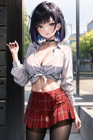 masterpiece,best quality,highres,ultra-detailed, yelan, short hair, diagonal bangs, bob cut, black hair, earrings, white shirt, skirt, large breasts, navel, cleavage, pantyhose,  choker, midriff, miniskirt, lips, plaid, red plaid skirt, piercing, fishnets,  fishnet pantyhose, white tied shirt:1.2, navel piercing, , standing, StandingAtAttention,