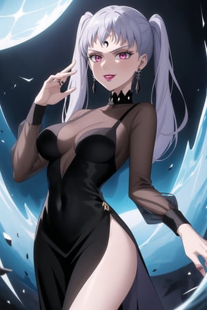 (best quality), (highly detailed), masterpiece, (official art), (noelle_silva,silver hair,twintails,bangs,jewelry), makeup, ((forehead mark, crescent facial mark, black crystal earrings)), aged up, evil smile, lips, lipstick, posing, anime coloring, ((black dress, long sleeves, see-through)), pink dress, side slit, A dark and mysterious female character inspired by the style of classic anime. She has an evil face with an evil smile, giving her an imposing and intimidating presence. The overall atmosphere is dark and mysterious, with a sense of power and control emanating from her posture.,