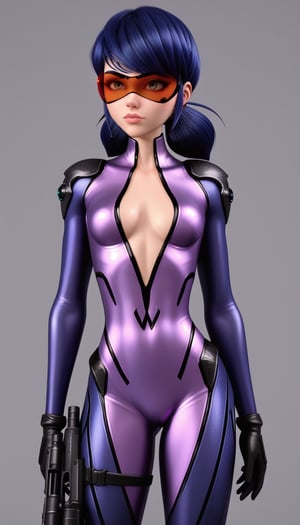 score_9, score_8_up, score_7_up,marinetteBug, blue hair, standing, lips ,standing, purple bodysuit, revealing chest, combat sniper visor, black gloves,  advanced combat suit,  futuristic sniper,metallic purple suit, torso exposed,, black combat gear, long black gloves, high-tech bodysuit,widowsuit, tattoo, arm tattoo