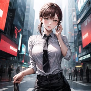 ((best quality)),  ((highly detailed)),  masterpiece,  ((official art)), 
1girl, solo, cute, brown eyes, black hair, swept bangs, single sidelock, red hairclip, (lips:1.2), pose:1.4,  ,white collared shirt, black necktie, black pants, formal,,  (cyberpunk:1.2),  girl,  outdoors, dramatic reveal,  suspenseful,  urban environment,  mysterious ambiance,  dramatic lighting,  cinematic scene,  self-transformation,  supernatural,  otherworldly,  metamorphosis,  mystical,  mystical energy,  power awakening.,  intricately detailed,  hyperdetailed,  blurry background, depth of field,  best quality,  masterpiece,  intricate details,  tonemapping,  sharp focus,  hyper detailed,  trending on Artstation, 1 girl,  high res,  official art,kobeni higashiyama,Kobeni 