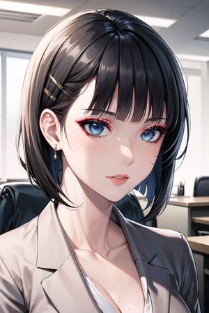 (best quality), (highly detailed), masterpiece, (official art), suguha, short hair, black hair, bob cut, hairclip, hair ornament, blunt bangs, lips, 3-piece business dress, ((professional attire, confident pose)), modern office setting, (((elegant hairstyle, stylish makeup))), neutral color palette, high heels, office accessories, natural lighting, corporate ambiance, subtle jewelry, sleek design, sophisticated demeanor, ((composed expression)).  (intricately detailed, hyperdetailed), blurry background,depth of field, best quality, masterpiece, intricate details, tonemapping, sharp focus, hyper detailed, trending on Artstation,1 girl, solo,high res,official art