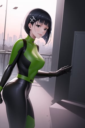 ((best quality)),  masterpiece, dynamic angle, (microchip), suguha, Bob cut, short hair, black hair, hair clip, black eyes, cyberpunk, paris, ruin,night ,(shegosuit) , (expressionless:1.2), smile, lips, scenery,  blurry background, 1 girl,  high res,  official art,empty eyes