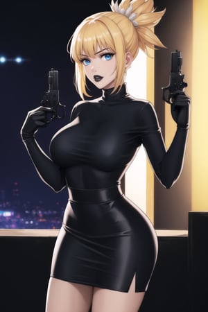 (best quality), (highly detailed), masterpiece, (official art),  kohaku, blonde hair, blue eyes, hair ornament, ponytail, solo,  lips:1.2, black lips:1.4, lipstick:1.2, skirt, black turtleneck shirt, black shirt, latex:1.2, gloves, pencil_skirt, shirt, black gloves, standing, looking at viewer, breasts, black skirt, looking at viewer, (/nightclub scene, neon lights), , club, (nigth club), ,hd quality, perfect face ,realistic, realistic body , perfect face sync,night club,StandingAtAttention,marinette,night club,b1mb0, gun, weapon, holding gun, handgun, holding, pistol, gun, handgun, pistol, holding weapon,  trigger discipline,