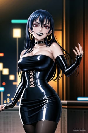 ((best quality)),  ((highly detailed)),  masterpiece,(Black lips:1.4), (white skin:1.4), ((official art)),  detailed face,  beautiful face, (cross-laced clothes:1.3), narrow_waist:1.3, dominatrix:1.4 , (intricate Black dress:1.4), (detailed eyes,  deep eyes),(science fiction, cyberpunk:1.3, street, shopping, pose:1.3, dancing:1.3, middle finger:1.3, \m/:1.2),((smirk, grin, naughty face, seductive smile, smug)) ,cowboy shot,(lips), umi sonoda, long hair, blue hair, (red eyes:1.3),   (spiked bracelet), corset:1.4, (black hoop earring:1.3), curvaceous, voluptuous body, (makeup:1.5) (lips:1.3), (latex:1.3),  (black tube top:1.2), gloves,(elbow gloves:1.2), skirt, black choker, pencil skirt, pantyhose, miniskirt, (black skirt), black gloves, black legwear, black nails,large breasts:1.2, (intricately detailed, hyperdetailed), blurry background, depth of field, best quality, masterpiece, intricate details, tonemapping, sharp focus, hyper detailed, trending on Artstation, 1 girl, solo, high res, official art,RockOfSuccubus, umi sonoda,<lora:659111690174031528:1.0>