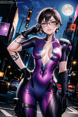 ((best quality)), ((highly detailed)), masterpiece, ((official art)), shino asada, ((black hair:1.2)), short hair, glasses, hair between eyes, hair ribbon, sidelocks, short hair with long locks, earrings,  (lips), evil smile, hand on hip,cowboy shot, (widowsuit:1.2), black gloves, medium breasts, tattoo, (arm tattoo:1.2) ,(pose:1.3), best quality, masterpiece, intricate details, scenary, outdoors, street, nigth, moon, (cyberpunk:1.2), star_(sky), spacecraft,trending on Artstation,  ,widowsuit,arm tattoo,aayelan