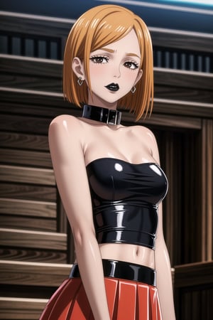 ((best quality)), ((highly detailed)), masterpiece, (black lips:1.4), ((official art)), detailed face, beautiful face, nobara kugisaki, brown hair, Orange hair, black eyes,(lips), 1girl, solo,  looking at viewer, earrings, jewelry, blush, collarbone, jewlery, ((miniskirt)),(latex:1.4), navel, (black tank top), ((strapless:1.2)), pleated skirt, ,  (intricately detailed, hyperdetailed), blurry background, depth of field, best quality, masterpiece, intricate details, tonemapping, sharp focus, hyper detailed, trending on Artstation, 1 girl, solo, high res, official art ,collar,b1mb0,StandingAtAttention,empty 
eyes,RockOfSuccubus,,,<lora:659111690174031528:1.0>