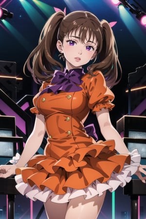 (best quality), (highly detailed), masterpiece, (official art),  diane,twintails, brown hair ,purple eyes, solo,  lips:1.2, beautiful 1girl wearing a earthy red (idol dress) ,layered skirt, frills, ribbon, bow, sequins, looking at viewer, (/nightclub scene, neon lights), , club, (nigth club), ,hd quality, perfect face ,realistic, realistic body , perfect face sync,night club,StandingAtAttention,marinette,night club,b1mb0,