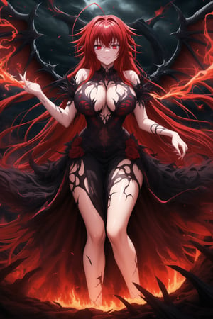 A masterpiece of dark fantasy: Rias Gremory, malevolent demon, lips curled into an evil smile, long flowing red hair cascading down her back like a fiery waterfall. Her delicate ahoge and intricate black gown billow softly as she floats amidst hell's fiery depths. Black wings spread wide behind her, emitting a darkness-infused light that adds to her ominous presence. Red eyes gleam with malevolent intent as she stands poised, arms outstretched in a violent welcome. Softly glowing fire illuminates her figure, while rays of dark light pierce the heavens above, casting an eerie glow on Rias' demonic form. The hellish landscape before her is bathed in red hues, as if infernal flames are breaking through to create this haunting atmosphere.