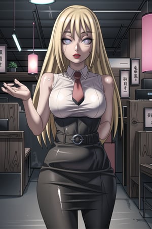 ((best quality)),  ((highly detailed)),  masterpiece,1girl, 1girl, (lips:1.2) , (red lips:1.3) ,arms outstretched ,nail polish, solo, latex:1.2, alternate_costume, (white shirt:1.2), black necktie, shirt, (((sleeveless_shirt,sleeveless))), collared shirt, pencil_skirt, high_waist_skirt, belt, black_skirt,  miniskirt, black_legwear, pantyhose,   black nails, looking at viewer, standing, cowboy shot, bar,outdoor,lamp,nigth,space, office:1.3 ,(boruko),blonde hair, long hair, two-tone-hair, Remodeling, (pink eyes, blue eyes), (glowing eyes), (android:1.1), (barcode:1.3),,diane,,,,,,,<lora:659111690174031528:1.0>