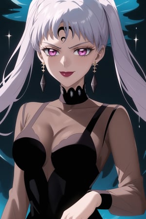 (best quality), (highly detailed), masterpiece, (official art), (noelle_silva,silver hair,twintails,bangs,jewelry), makeup, ((forehead mark, crescent facial mark, black crystal earrings)), aged up, evil smile, lips, lipstick, posing, anime coloring, ((black dress, long sleeves, see-through)), pink dress, side slit, A dark and mysterious female character inspired by the style of classic anime. She has an evil face with an evil smile, giving her an imposing and intimidating presence. The overall atmosphere is dark and mysterious, with a sense of power and control emanating from her posture.,