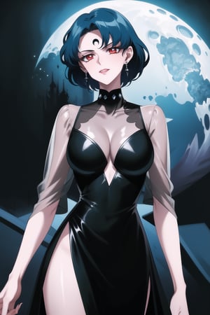 evil smile, red eyes, jewelry,  earrings, makeup, facial mark, lipstick,  forehead mark, crescent facial mark, crystal earrings,crescent, mer1, short hair, blue hair, dress,black dress, see-through,,side slit
(best quality), (highly detailed), masterpiece, (official art), A dark and mysterious female character inspired by classic anime style,  She has a cold, expressionless face with pale skin and dark, bold lips, giving her a commanding and intimidating presence.  The overall atmosphere is dark and mysterious, with a sense of power and control emanating from her poised stance.