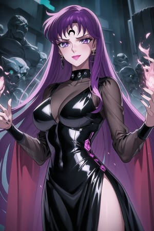 (best quality), (highly detailed), masterpiece, (official art), Saori Kido, long hair, purple hair, purple eyes, makeup, ((forehead mark, crescent facial mark, black crystal earrings)), aged up, evil smile, lips, lipstick, posing, anime coloring, ((black dress, long sleeves, see-through)), pink dress, side slit, A dark and mysterious female character inspired by the style of classic anime. She has an evil face with an evil smile, giving her an imposing and intimidating presence. The overall atmosphere is dark and mysterious, with a sense of power and control emanating from her posture.,