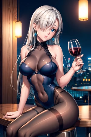elizabeth, long hair, blue eyes, white hair, hair over one eye, single earring,  lips,  (slender body:1.2), perfect face, perfect skin, pantyhose, lace bodysuit, lace top stockings, sitting, sitting on bar stool, holding a glass of red wine, in night club, neon lights, 