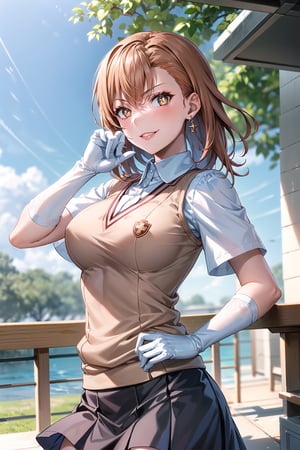 ((best quality)),  ((highly detailed)),  masterpiece,1girl, ((closed_mouth, sparkling_eyes, smug, shaded_face,evil smile)),(large breasts), tokiwadai school uniform, sweater vest, short sleeves, (](white gloves, elbow gloves)), pleated skirt, white thighhighs ,1girl, lips:1.3, red lips, makeup:1.3, ((gyaru)) ,jewelry, blush, earrings, looking at viewer, standing, cowboy shot, red hair, school, short hair, aamikoto ,hmmisaki,hypnoCollar,V-shaped eyebrows, 1girl, symbol-shaped pupils, +_+, 