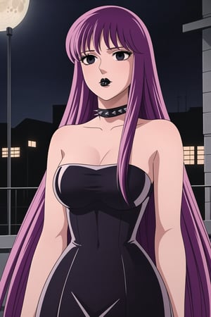 ((best quality)),  ((highly detailed)),  masterpiece,  ((official art)),(Saori Kido, Saori, long hair, purple hair),((black eyes, empty eyes,expressionless,hypnosis)),(((white skin))) ,((makeup,lipstick, black lips:1.2)),absurdres, (spiked collar:1.2), black cape, cape, coyboy shot:1.3, thighhighs, lips,  blush,  (black latex:1.3),  black dress:1.2,  miniskirt  ((bodyconf)),  bare shoulders,  (( strapless)),  large breast,  looking at viewer,  street,  city,  nigth,  moon,  club,  (nigth club),  , hd quality,  perfect face , realistic,  realistic body,  perfect face sync,  , b1mb0,,,black lips,Saori Kido