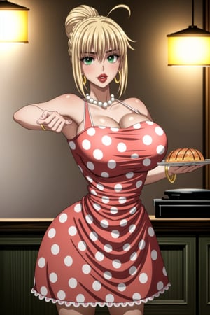 ((best quality)),  ((highly detailed)),  masterpiece,1girl, 1girl,  seductive smile, solo,   (Stepford),lips, makeup, lipstick,red lips, (pose),(polka dot:1.4), (polka dot dress:1.4),(pearl necklace:1.2), pearl bracelet, bare shoulders,(red dress:1.2),aroused, blush ,standing,  (large pearl necklace), (hoop earrings:1.2), looking at viewer, standing, cowboy shot, kitchen, cooking, indoors, house, windows, cortain, food,artoria pendragon, artoria pendragon \(fate\), saber, blonde hair, (green eyes:1.5), ahoge, sidelocks, hair bun, single hair bun, braid,b1mb0,<lora:659111690174031528:1.0>