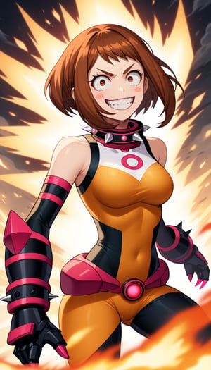 score_9, score_8_up, score_7_up, intricate details,1girl, ochako uraraka, solo, short brown hair, bob cut, evil grin, sharp teeth, malicious expression, crazy eyes, constricted pupils, black sclera, wearing bakugou's hero costume, black and orange bodysuit, exposed shoulders, spiked gauntlets, oversized grenade bracers, black combat boots, orange belt, tight suit, explosive accessories, spiked collar, villain aura, standing pose, flames in background, explosions, smoke, dark atmosphere, anime style, dynamic lighting, glowing embers, chaotic energy, destruction, confident stance, sadistic grin, villainous attitude