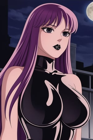 ((best quality)),  ((highly detailed)),  masterpiece,  ((official art)),(Saori Kido, Saori, long hair, black hair:1.3),((black eyes, empty eyes,expressionless,hypnosis)),(((white skin))) ,((makeup,lipstick, black lips:1.2)),absurdres, (spiked collar:1.2), capelet,black cape, cape, coyboy shot:1.3, thighhighs, lips,  blush,  (black latex:1.3),  black dress:1.2,  miniskirt  ((bodyconf)),  bare shoulders,  (( strapless)),  large breast,  looking at viewer,  street,  city,  nigth,  moon,  club,  (nigth club),  , hd quality,  perfect face , realistic,  realistic body,  perfect face sync,  , b1mb0,,,black lips,Saori Kido