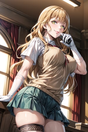 ((best quality)),  ((highly detailed)),  masterpiece,1girl, mimosa vermillion, orange hair, green eyes, red earrings, ((remote_control, closed_mouth, sparkling_eyes, smug, shaded_face,evil smile)),(large breasts), tokiwadai school uniform, sweater vest, short sleeves, ((white gloves, elbow gloves)), pleated skirt, white thighhighs ,1girl, lips:1.2, makeup:1.2, ((gyaru)) , looking at viewer, standing, cowboy shot, school,