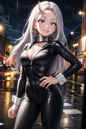 masterpiece,best quality,highres,ultra-detailed, eri, long hair, (red eyes:1.5), grey hair, horns, child, single horn, female child, hand on hip, hoop earring, long_sleeves,large breasts, evil smile, crazy, grin, naughty_face, collar, (((black bodysuit, wrist cuffs))), latex:1.2, large breasts, cleavage, outdoors, nigth, rain, street,standing