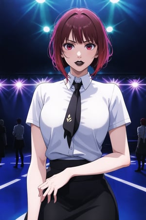 (best quality), (highly detailed), masterpiece, (official art), aakana, short hair,  red eyes, , solo,  lips:1.2, black lips:1.4, lipstick:1.2, skirt, black neckktie, latex:1.2, pencil_skirt, shirt, standing, looking at viewer, white shirt, breasts, black skirt, looking at viewer, (/nightclub scene, neon lights), , club, (nigth club), ,hd quality, perfect face ,realistic, realistic body , perfect face sync,night club,StandingAtAttention,marinette,night club,b1mb0, 