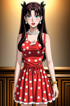((best quality)),  ((highly detailed)),  masterpiece,1girl, 1girl,  seductive smile, solo,   (Stepford),lips, makeup, lipstick,red lips, (pose),(polka dot:1.4), (polka dot dress:1.4),(pearl necklace:1.2), pearl bracelet, bare shoulders,(red dress:1.2),aroused, blush ,standing,  (large pearl necklace), (hoop earrings:1.2), looking at viewer, standing, cowboy shot, kitchen, cooking, indoors, house, windows, cortain, food,rin tohsaka, aqua eyes, black hair, hair ribbon, long hair, ribbon, sidelocks, two side up, (parted bangs:1.2),StandingAtAttention,<lora:659111690174031528:1.0>