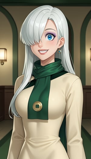 score_9, score_8_up, score_7_up, intricate details,1girl, elizabeth, long hair, white hair,hair over one eye, blue eyes, indoors,joo dee, dress, scarf, hair ornament, grin, smile, lips, joo dee,  full body,long dress, green scarf, beige dress, teeth,makeup,wide-eyes, eyeshadow,