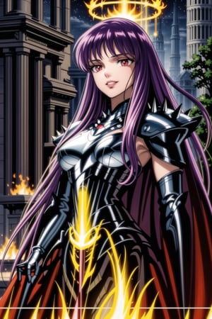 (best quality), (highly detailed), masterpiece, (official art), Saori, long hair, ((purple hair)), ((red eyes)), lips, (( evil smile)),(((fire, black cape, nigth))),  ((latex, black armor, dark armor,bodysuit, shoulder armor, spikes, pauldrons, black bodysuit )), outdoors, temple, (intricately detailed, hyperdetailed), blurry background,depth of field, best quality, masterpiece, intricate details, tonemapping, sharp focus, hyper detailed, trending on Artstation,1 girl, solo,high res,official art,hades_armor,<lora:659111690174031528:1.0>