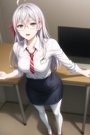 A close-up shot of alya, long hair, grey hair, blue eyes, hair between eyes, hair ribbon, red ribbon, ahoge, the SKS Office Lady, stands expressionless with empty eyes, her lips subtly parted as if in a state of subtle hypnosis. glasses, skirt, pantyhose, earrings, pencil skirt, adjusting eyewear,  blue skirt, chalkboard, open mouth, teacher, paper, necktie, jewelry, red-framed eyewear, bespectacled, white legwear, semi-rimless eyewear, under-rim eyewear, shoes, standing, desk, blue footwear, office lady, smile, lanyard, streaked hair, clipboard,  shirt. In formal attire, she exudes professionalism.