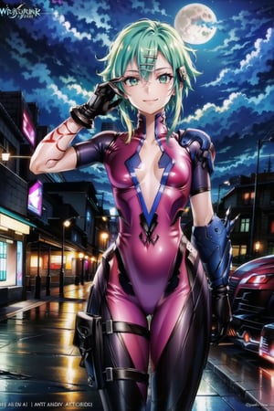 ((best quality)), ((highly detailed)), masterpiece, ((official art)), sinon1, hair ornament, hairclip, cyberpunk , ligth smile, (widowsuit:1.2), medium breasts, tattoo, (arm tattoo:1.2) ,pose, best quality, masterpiece, intricate details, scenary, city, outdoors, rain, water drop, night, sky, moon, trending on Artstation, thigh gap,  black gloves,