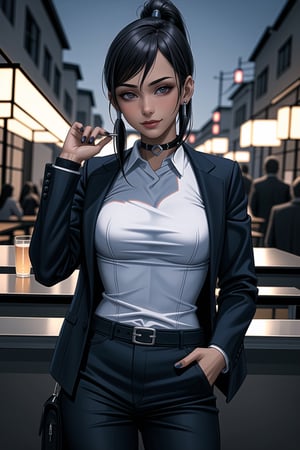 ((best quality)),  ((highly detailed)),  masterpiece,1girl, 1girl,(lips:1.2), seductive smile, smirk, naughty_face,nail polish, solo,   black pants,  formal,  black jacket,  open jacket,  (white shirt),  belt, ,  black jacket, (black suit),  long sleeves,  shirt tucked in,, (black choker), blush, earrings, black nails, looking at viewer, standing, cowboy shot, fingernails,  bar,outdoor,lamp,nigth,space, alcohol, sexy pose:1.2, purple nails, wristband, korra, two hairs tubes and one ponytail tube , black skin, (dark_skin),,<lora:659111690174031528:1.0>