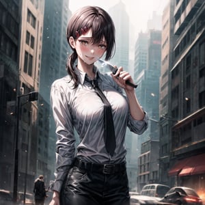 ((best quality)),  ((highly detailed)),  masterpiece,  ((official art)), 
1girl, solo, cute, brown eyes, black hair, swept bangs, single sidelock, red hairclip, lips, ((knife, holding knife)), pose:1.2, smile,sweating, crying, blushing, ,white collared shirt, black necktie, black pants, formal,cowboy shot,  (cyberpunk:1.2),  girl,  outdoors, dramatic reveal,  suspenseful,  urban environment,  mysterious ambiance,  dramatic lighting,  cinematic scene,  self-transformation,  supernatural,  otherworldly,  metamorphosis,  mystical,  mystical energy,  power awakening.,  intricately detailed,  hyperdetailed,  blurry background, depth of field,  best quality,  masterpiece,  intricate details,  tonemapping,  sharp focus,  hyper detailed,  trending on Artstation, 1 girl,  high res,  official art,kobeni higashiyama,Kobeni ,fantasy00d