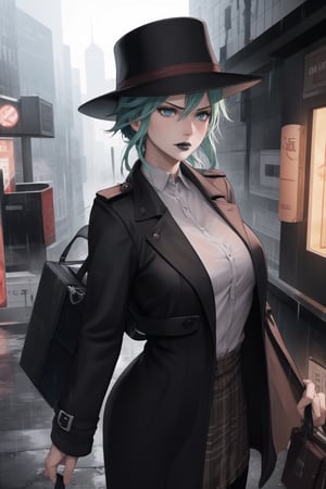 (best quality), (highly detailed), masterpiece, (official art),  Sinon, black lips:1.2, lips:1.3,dressed in a black trench coat and fedora, walking through the rain-soaked streets of a dystopian city. The buildings are tall and oppressive, with propaganda posters plastered on the walls. She carries a briefcase and a small device for scanning clues. Her expression is serious and determined as she searches for the truth in a world filled with lies., ,hd quality, perfect face ,realistic, realistic body , perfect face sync,,b1mb0, 