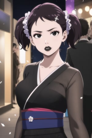 (best quality), (highly detailed), masterpiece, (official art),  becky blackbell, black hair, hair ornament, twintails, hairclip, scrunchie, hair scrunchie, lips:1.2, black lips:1.4, makeup:1.2, lipstick:1.2,  makeup, black eyes:1.2,black kimono,obi, dance,hand fan,white confetti,, looking at viewer, (/nightclub scene, neon lights)), , club, (nigth club), ,hd quality, perfect face ,realistic, realistic body , perfect face sync,night club,StandingAtAttention,night club,b1mb0, dancing:1.2,