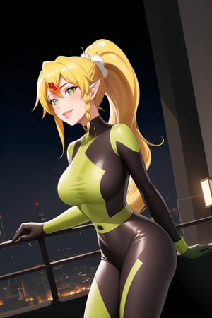 ((best quality)),  masterpiece, dynamic angle, (microchip), leafa, pointy ears, long hair, ponytail, braid, blonde hair, cyberpunk, paris, ruin,night ,(shegosuit) , smile, lips, scenery,  blurry background, 1 girl,  high res,  official art,empty eyes,b1mb0