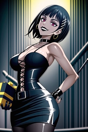 ((best quality)),  ((highly detailed)),  masterpiece,(Black lips:1.4),  ((official art)),  detailed face,  beautiful face, narrow_waist:1.3 , (intricate Black dress:1.4),(detailed eyes,  deep eyes),((extended_arm, presenting_gift, gift_giving, front_view, gesture)),(science fiction, cyberpunk:1.2, street, shopping, dark background),((smirk, grin, naughty face, seductive smile, smug, arm behind head, hand_on_own_hip, head_tilt)),, ,cowboy shot,(lips), ,kirigaya suguha, blunt bangs, short bangs, black hair:1.3, short hair, hair ornament, hairclip,(red eyes),  cross-laced clothes, (spiked bracelet), corset:1.4,chinese dress:1.2, hoop earring, curvaceous, voluptuous body, (makeup:1.3) (lips:1.3), (latex),  (black tube top:1.2), gloves, fingerless gloves, skirt, black choker, belt, pencil skirt, pantyhose, miniskirt, (black skirt), black gloves, black legwear, black choker, Black nails,large breasts, conspicuous elegance, snobby, upper class elitist, possesses an arroaant charm. her Dresence commands attention and enw, (intricately detailed, hyperdetailed), blurry background, depth of field, best quality, masterpiece, intricate details, tonemapping, sharp focus, hyper detailed, trending on Artstation, 1 girl, solo, high res, official art,RockOfSuccubus,<lora:659111690174031528:1.0>