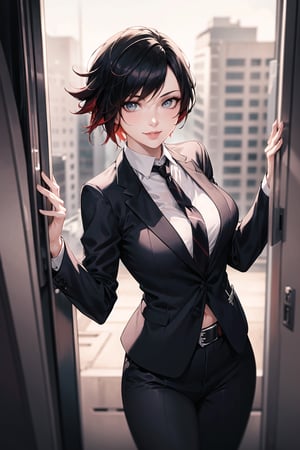 (best quality), (highly detailed), masterpiece, (official art), ruby rose:1.2, lips, smile, top jacket:1.3,black pants, belt,,necktie,  black jacket,(black suit), long sleeves, shirt tucked in,looking at viewer, shirt, black necktie, white shirt, medium breasts,window, formal, office lady,pants, business suit, suit,  (intricately detailed, hyperdetailed), blurry background,depth of field, best quality, masterpiece, intricate details, tonemapping, sharp focus, hyper detailed, trending on Artstation,1 girl, solo,high res,official art,ruby rose