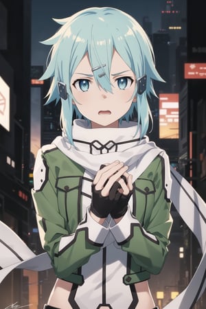 (best quality), (highly detailed), masterpiece, (official art), ((sinon1, cyberpunk, hair ornament, hairclip)), 1girl, upper body, bangs, blue eyes, blue hair, blurry, blurry background, fingerless gloves, green jacket, hair between eyes, hair ornament, hairclip, highres, jacket, long sleeves, outdoors, scarf, short hair, short hair with long locks, sidelocks, signature, sinon, solo, sunset, sword art online, turning head, ((open eyes, shocked expression,fear, horror, fear:1.2)), open mouth, 
