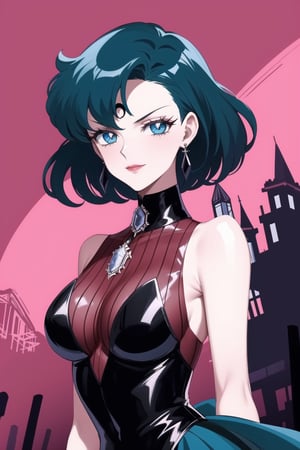 evil smile, red eyes, jewelry,  earrings, makeup, facial mark, lipstick,  forehead mark, crescent facial mark, crystal earrings,crescent, mer1, short hair, blue hair
(best quality), (highly detailed), masterpiece, (official art), A dark and mysterious female character inspired by classic anime style, with a gothic yet elegant appearance.  Her eyes are a striking, deep purple, matching the darker tones in her hair. She has a cold, expressionless face with pale skin and dark, bold lips, giving her a commanding and intimidating presence. She wears a form-fitting, sleeveless, dark blue dress that accentuates her figure. The dress has a high collar and an intricate, layered design with pointed edges at the hem. A series of pearl chains drape gracefully over her shoulders, adding a touch of sophistication and luxury to her outfit. The pearls contrast against the dark tones of her attire, drawing attention to her upper body. Her accessories include dangling pearl earrings that match the chains on her dress, enhancing her overall aristocratic and refined appearance. The background is kept simple to focus on the character, highlighting her gothic elegance and the intricate details of her attire. The overall atmosphere is dark and mysterious, with a sense of power and control emanating from her poised stance.