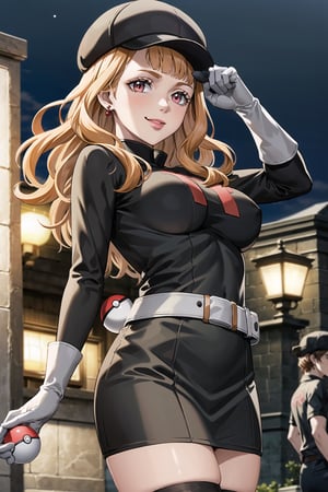(best quality), (highly detailed), masterpiece, (official art), mimosa vermillion, Orange hair,red eyes, red earrings, poke ball, poke ball (basic), holding poke ball, black headwear, cabbie hat, hat, posing, lips, ( evil smile), ,Grunt Team Rocket, dress, black dress, long sleeves, gloves, elbow gloves, belt, grey belt, skirt, thighhighs, looking at viewer, china, asiática, city, night, sky, (intricately detailed, hyperdetailed), blurry background,depth of field, best quality, masterpiece, intricate details, tonemapping, sharp focus, hyper detailed, trending on Artstation,1 girl, high res, official art,