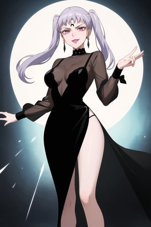 (best quality), (highly detailed), masterpiece, (official art), (noelle_silva,silver hair,twintails,bangs,jewelry), makeup, ((forehead mark, crescent facial mark, black crystal earrings)), aged up, evil smile, lips, lipstick, posing, anime coloring, ((black dress, long sleeves, see-through)), pink dress, side slit, A dark and mysterious female character inspired by the style of classic anime. She has an evil face with an evil smile, giving her an imposing and intimidating presence. The overall atmosphere is dark and mysterious, with a sense of power and control emanating from her posture.,