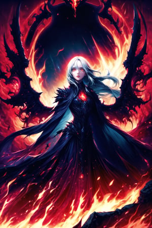 Elizabeth, white hair,hair_over_eye ,lips, ruler of hell, black wings,darkness wings,wings,demon wings,stands as a malevolent dictator, her long hair flowing like darkness itself, gradient from white to dark, framing her cold gaze. Her elaborate gown, adorned with sinister symbols and glowing red accents, reflects her dominance and cruelty. The background features a hellish landscape: rivers of lava, jagged rocks, tormented souls, and dark clouds with lightning. Eerie, red and black glows illuminate the scene, capturing the dark and oppressive atmosphere of her dominion.,shadow