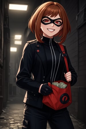 score_9, score_8_up, score_7_up, intricate details,1girl, malicious expression, sadistic grin, villainous attitude,lips, black lips, grin, red eyes, smirk, evil smile,1girl, Ochako Uraraka, black hair with red tips, bank heist, thief outfit, loose black jacket, cargo pants, wearing a domino mask, holding bag of money, holding handgun, gun, handgun, bank robbery, levitating money bags, vault door open, thief outfit, loose black jacket, cargo pants, wearing a domino mask, carrying a large money bag, exiting a bank vault, broken safe in the background, dark gloves, quick getaway, alarm lights flashing, dimly lit scene, red emergency lighting, cautious posture, money spilling from bag, night-time heist, dark alley, tense atmosphere,(ncursioDipDyedHair,red IncursioDipDyedHair