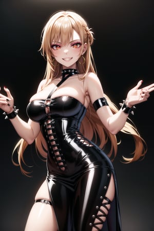 masterpiece,best quality,highres,ultra-detailed, asuna yuuki, long hair, black hair:1.3, red eyes,(dark makeup:1.5) (lips:1.1), (cross-laced clothes:1.3), narrow_waist:1.3, dominatrix:1.4 , (intricate Black dress:1.4), (pose:1.3), ,((smirk, grin, naughty face, seductive smile, smug)), (spiked bracelet), corset:1.4, (black hoop earring:1.3), curvaceous, voluptuous body, (latex:1.5), (black tube top:1.2), black choker, pencil skirt,  miniskirt, (black skirt),  black nails,large breasts:1.3,, (royal room:1.2),standing, StandingAtAttention,b1mb0,night club,lemon0021,,,RockOfSuccubus,asuna yuuki